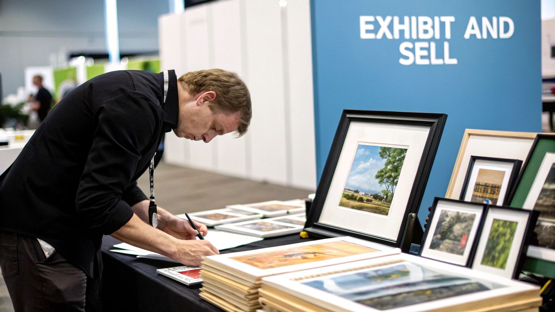 A man signs papers at an art exhibit table filled with framed photographs and prints, under an 'EXHIBIT AND SELL' sign.