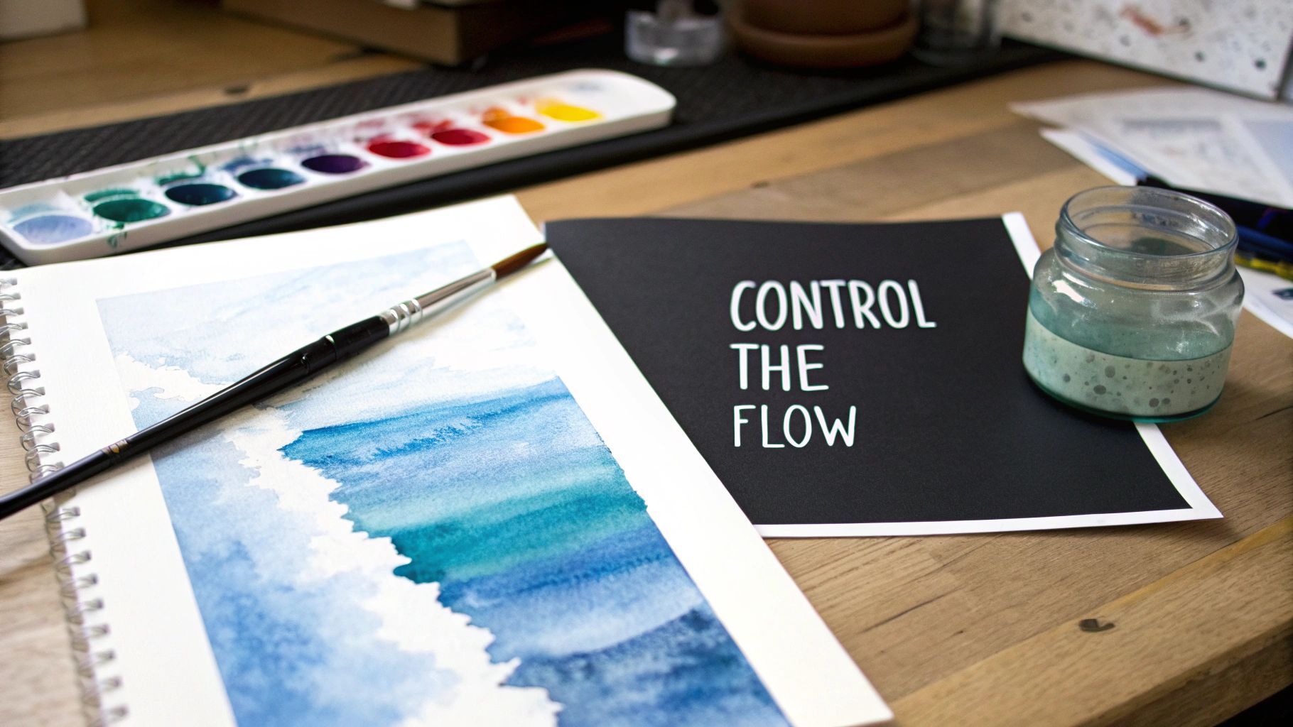 A watercolor artist's workspace with a blue painting, brush, palette, and 'Control the Flow' sign.