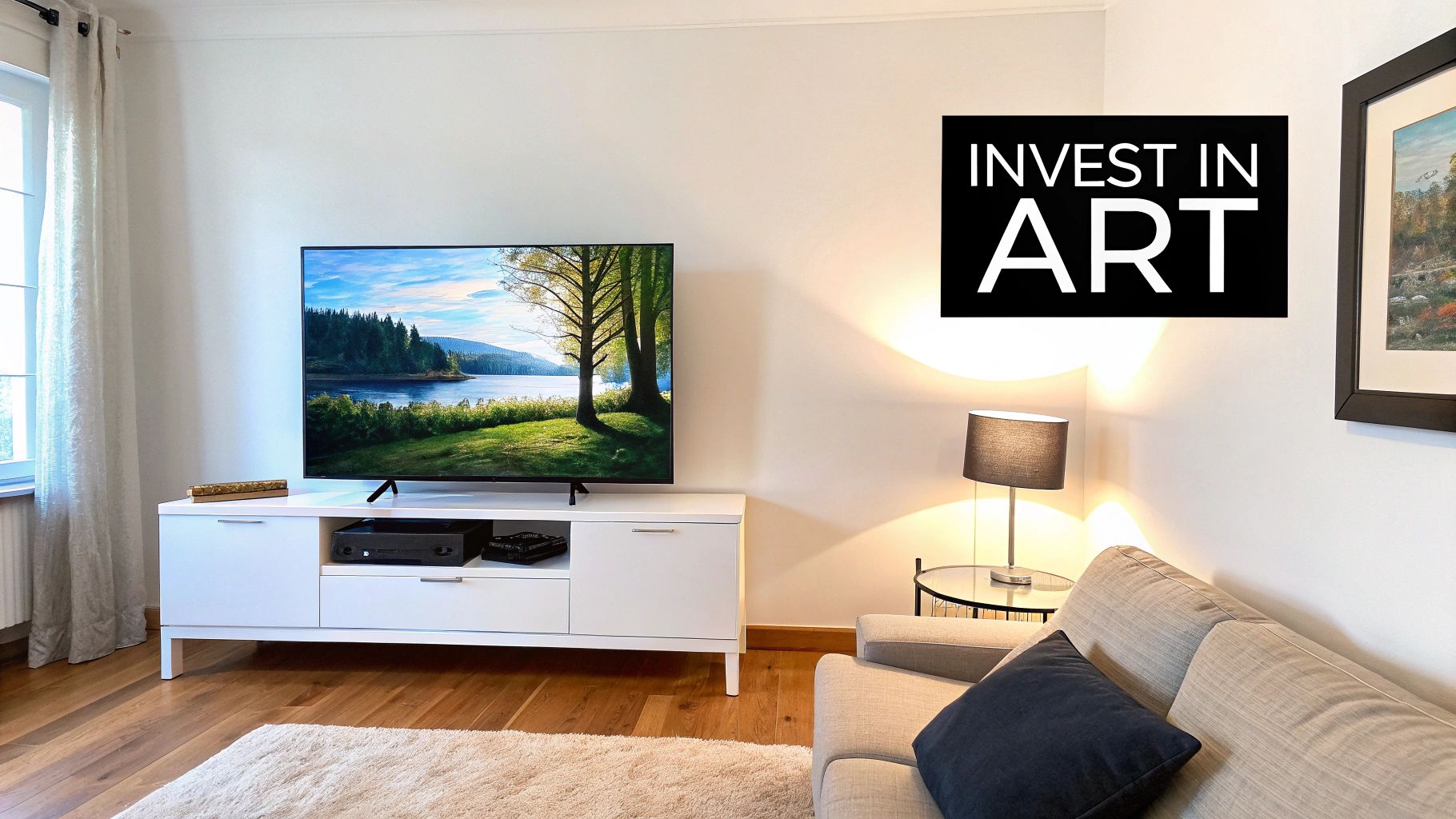 A stylish living room featuring a TV displaying a landscape painting and an "Invest in Art" sign.