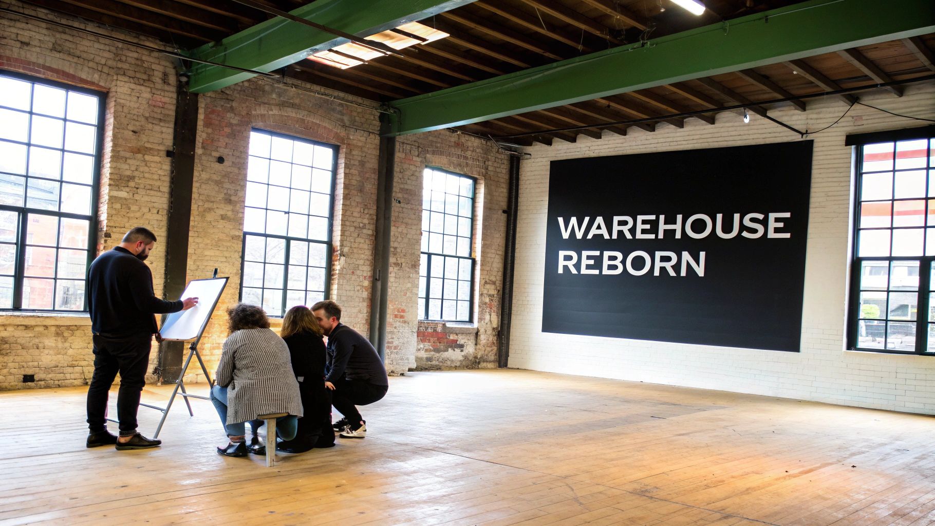 A presenter explains ideas on a whiteboard to a small group in a 'Warehouse Reborn' industrial space.