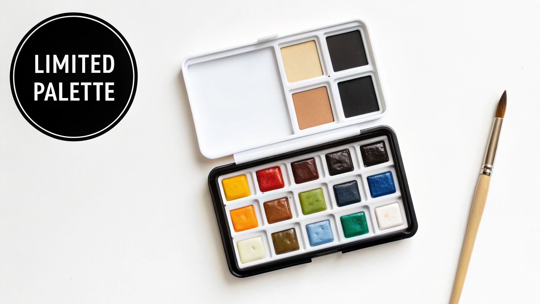 An open watercolor palette with vibrant paint colors, a paintbrush, and a 'LIMITED PALETTE' label.