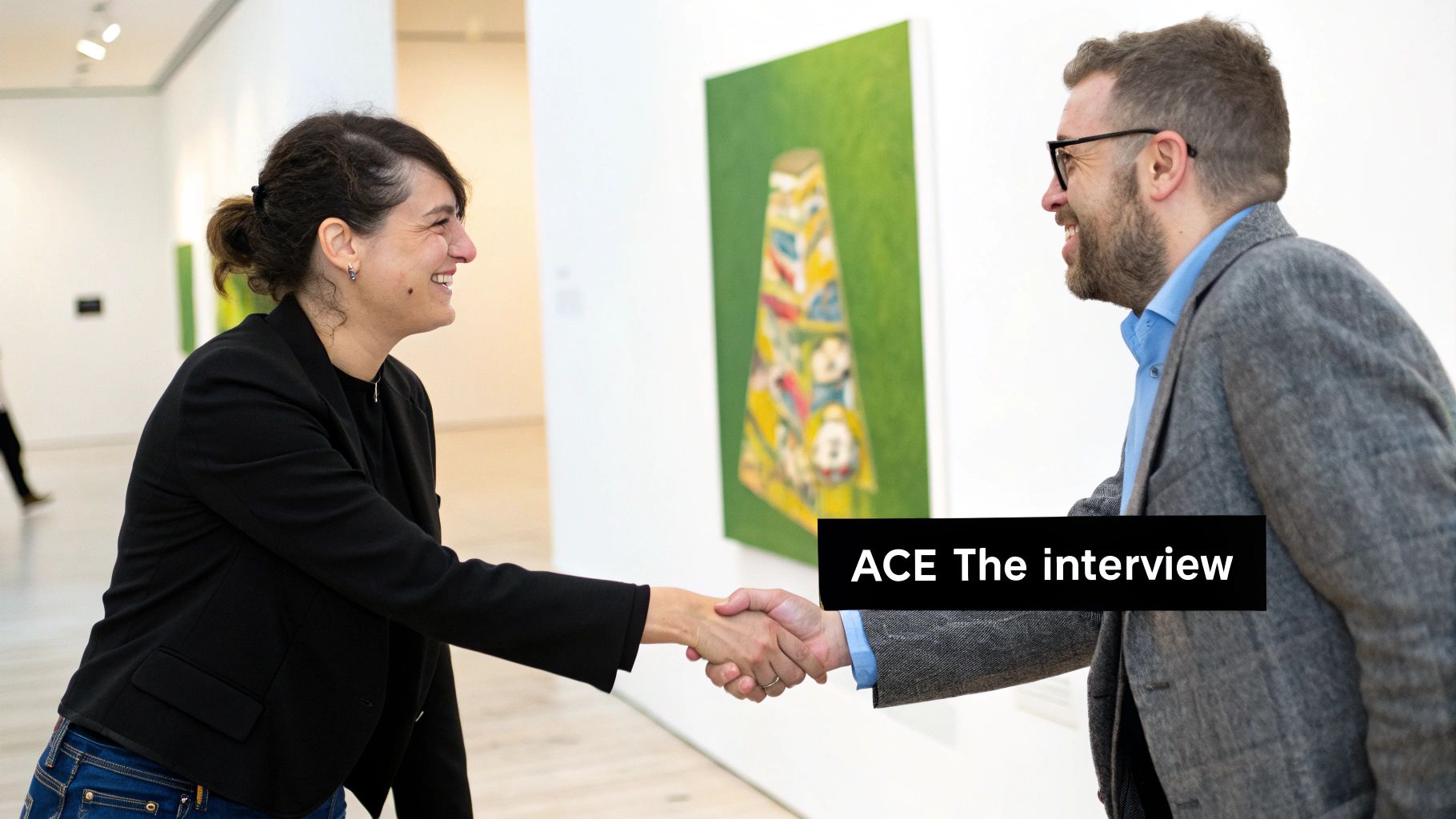 Two smiling professionals shake hands in an art gallery, with a colorful painting and "ACE The interview" text.