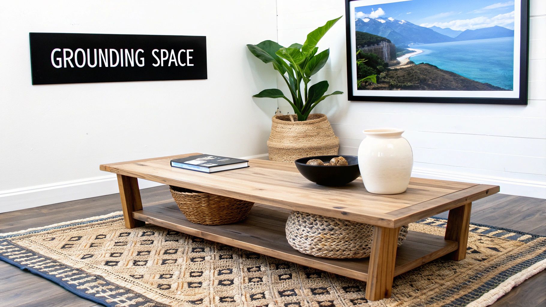 A natural wood coffee table with a book, decorative bowl, and white vase on a patterned rug.