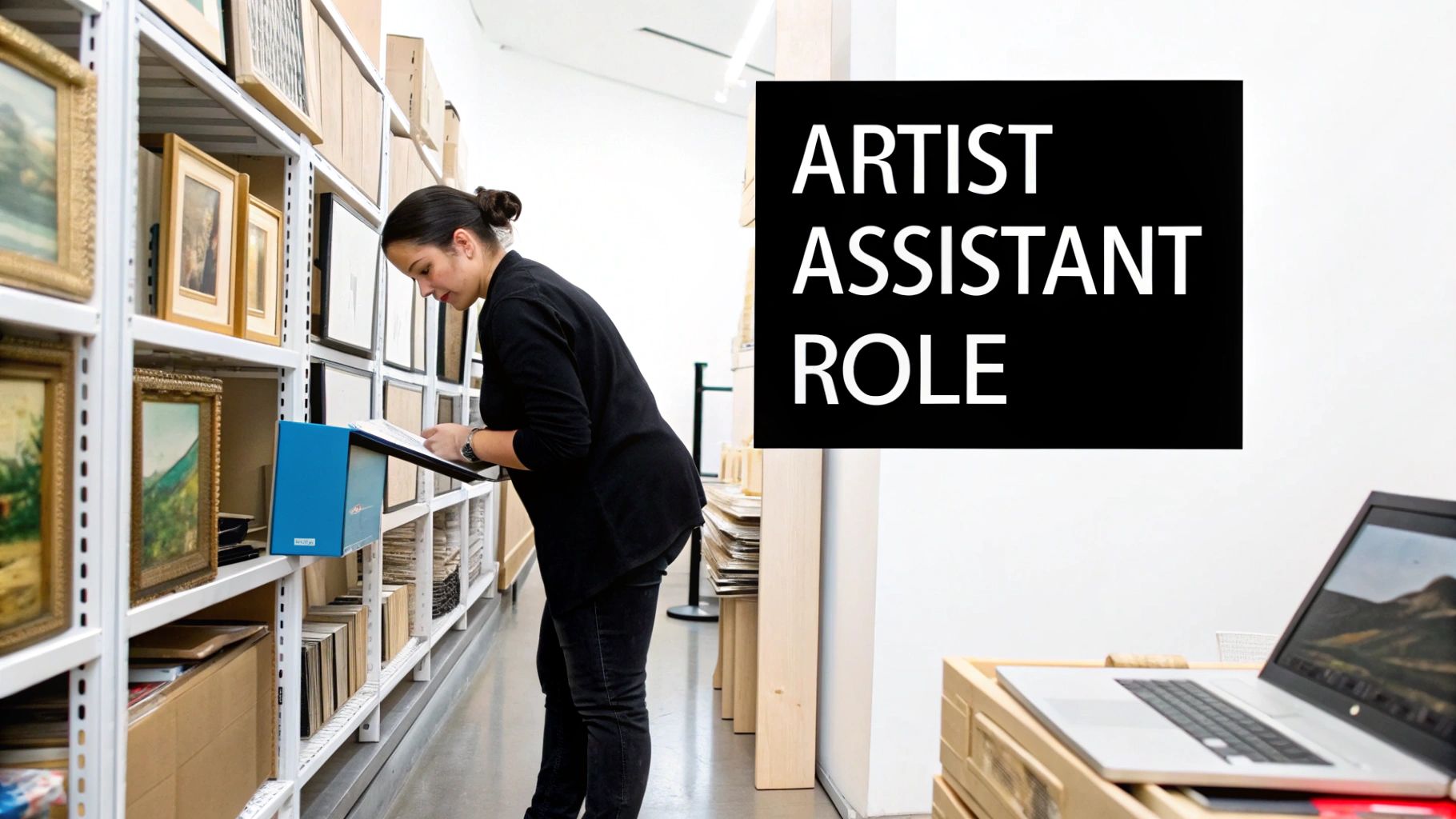 An artist assistant reviews documents in a creative archive filled with framed art and books.