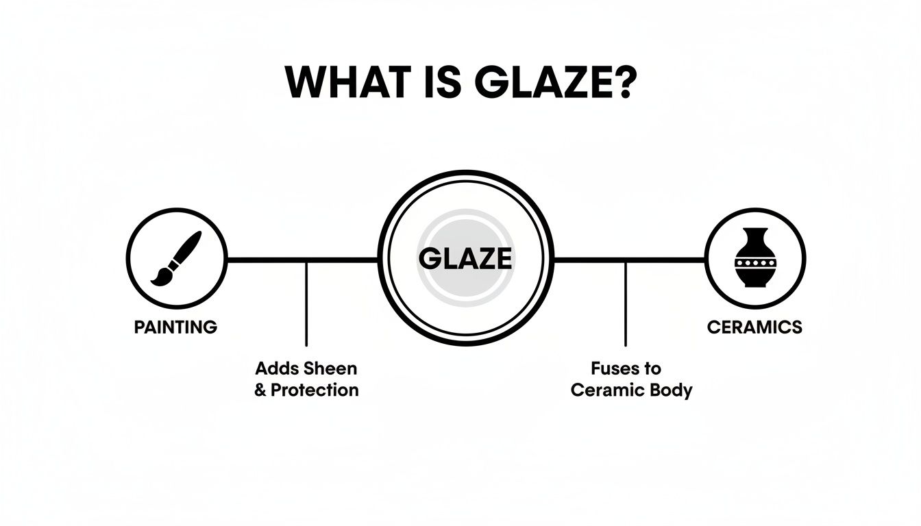 Diagram explaining glaze: used in painting for sheen and protection, and in ceramics to fuse to the body.