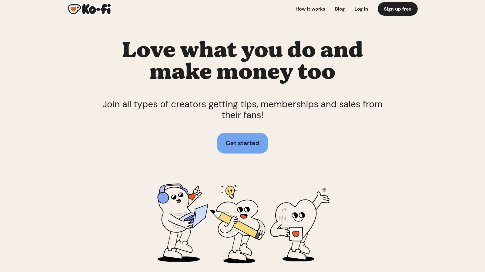 A screenshot of the Ko-fi platform interface, showing an artist's page with options for donations, a gallery, and a shop.