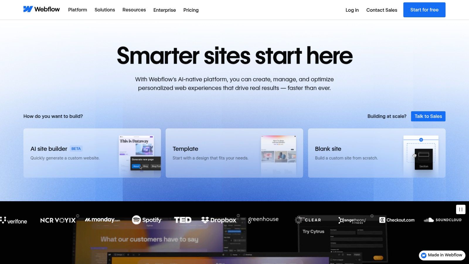 A screenshot of the Webflow homepage showing its tagline "The site you want — without the dev time." and a visually rich website design in the background.