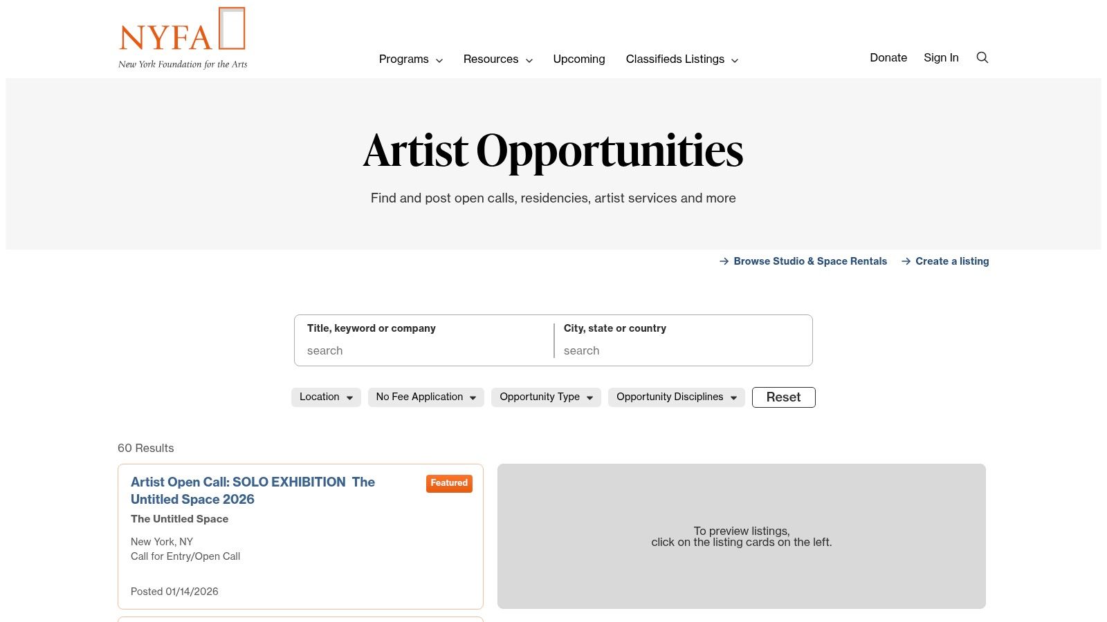 NYFA (New York Foundation for the Arts) Opportunities Board