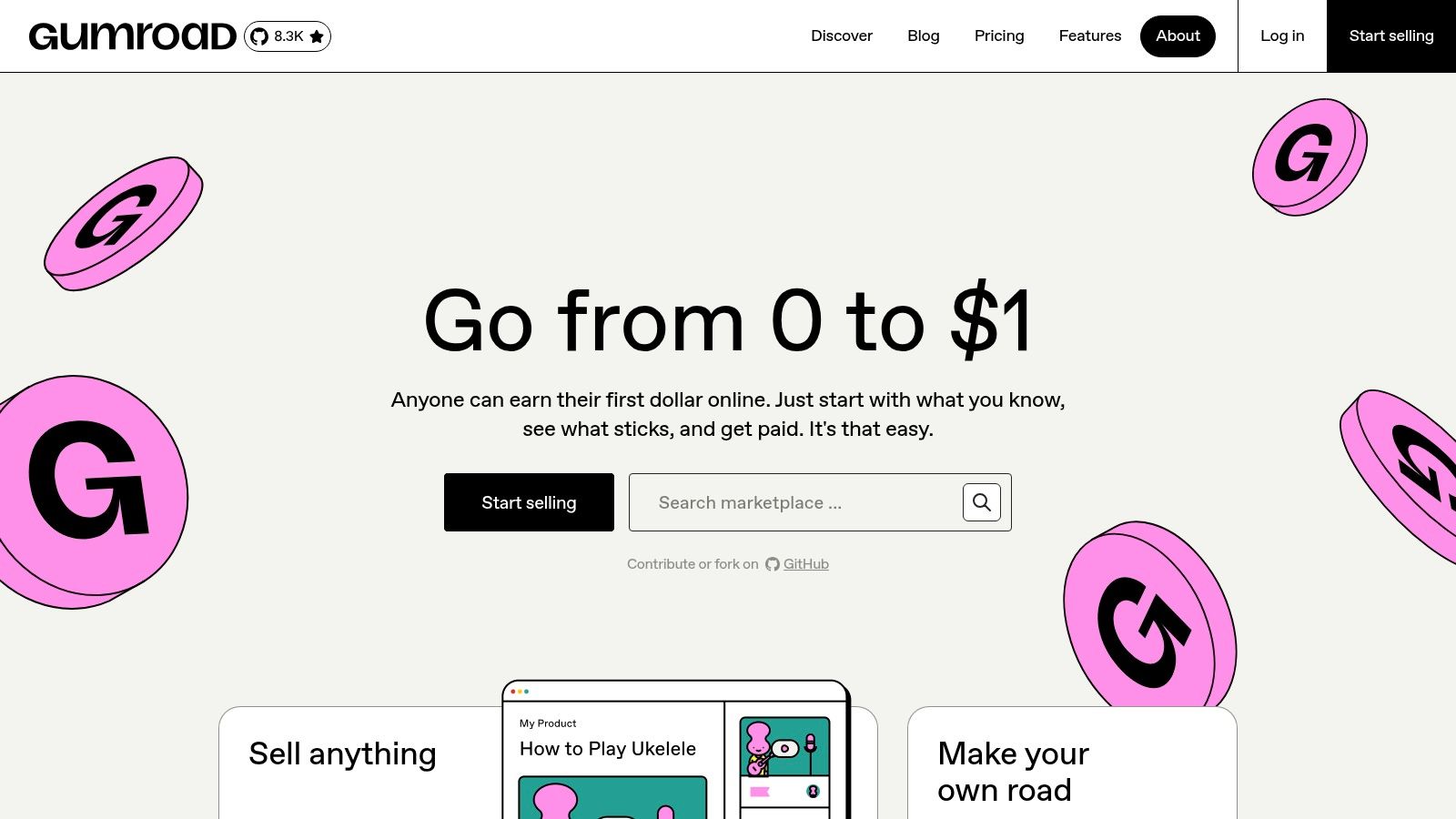 A screenshot of the Gumroad homepage, showcasing a clean interface for creators to start selling their products.