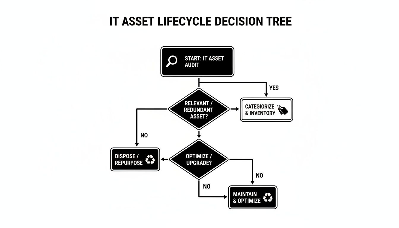 A flowchart diagram outlines the IT asset lifecycle decision tree, from audit to disposal or optimization.