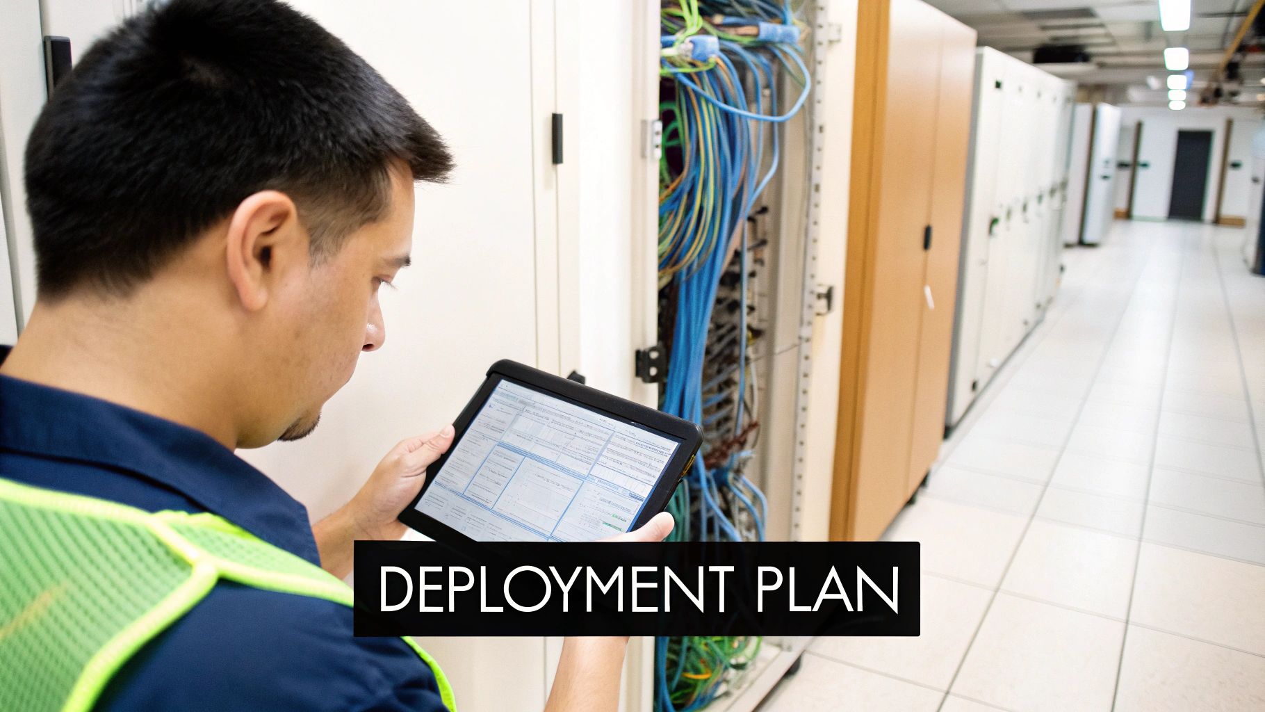 An IT technician in a data center reviews a deployment plan on a tablet next to server racks.