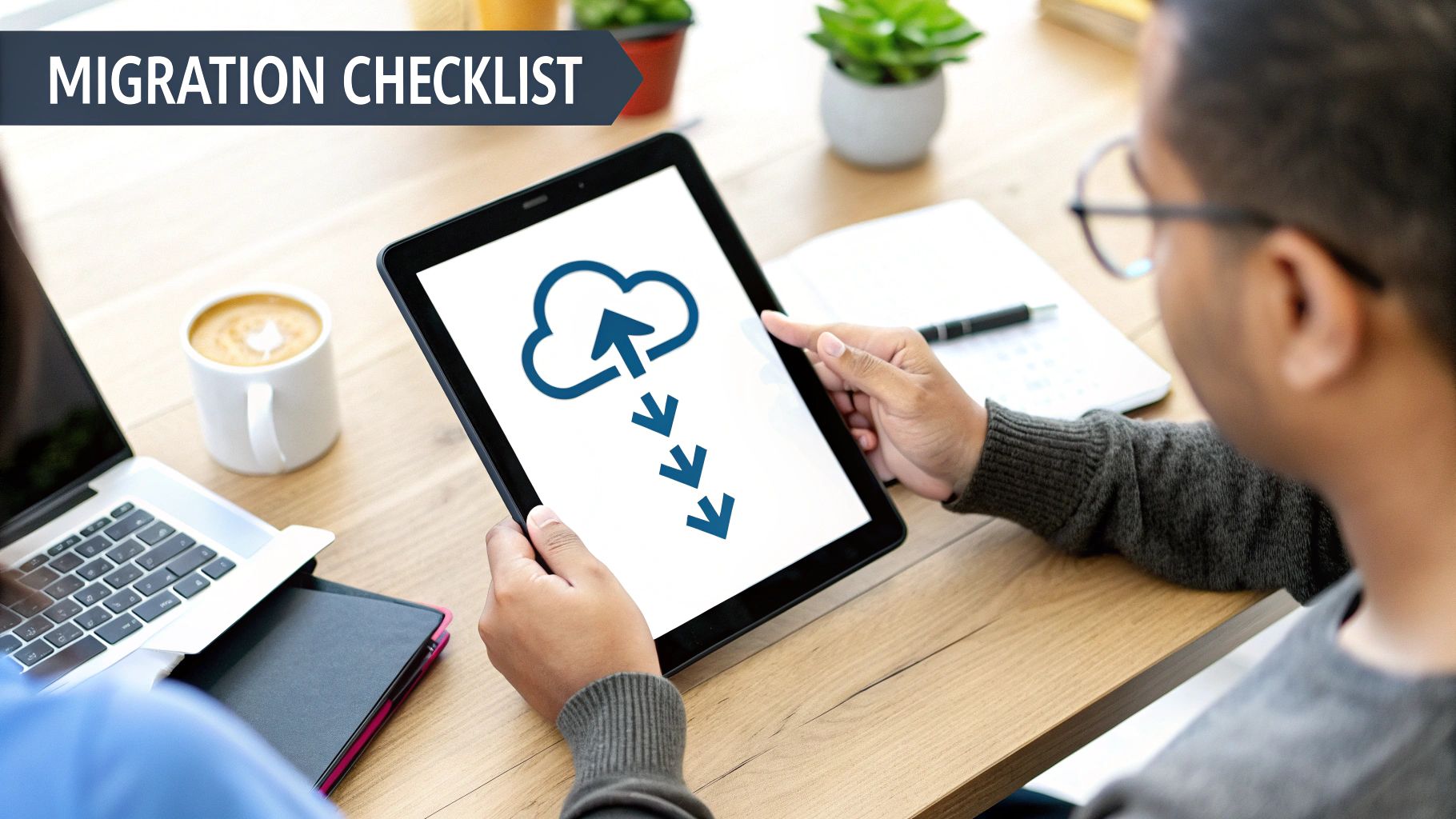 A person holds a tablet showing cloud migration arrows, with a laptop and coffee on a wooden desk.