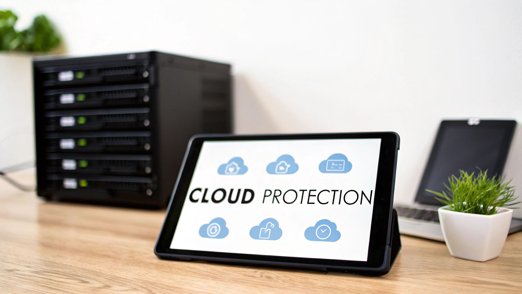 A tablet displaying "CLOUD PROTECTION" with various cloud icons, situated on a desk with a server rack, laptop, and plant.