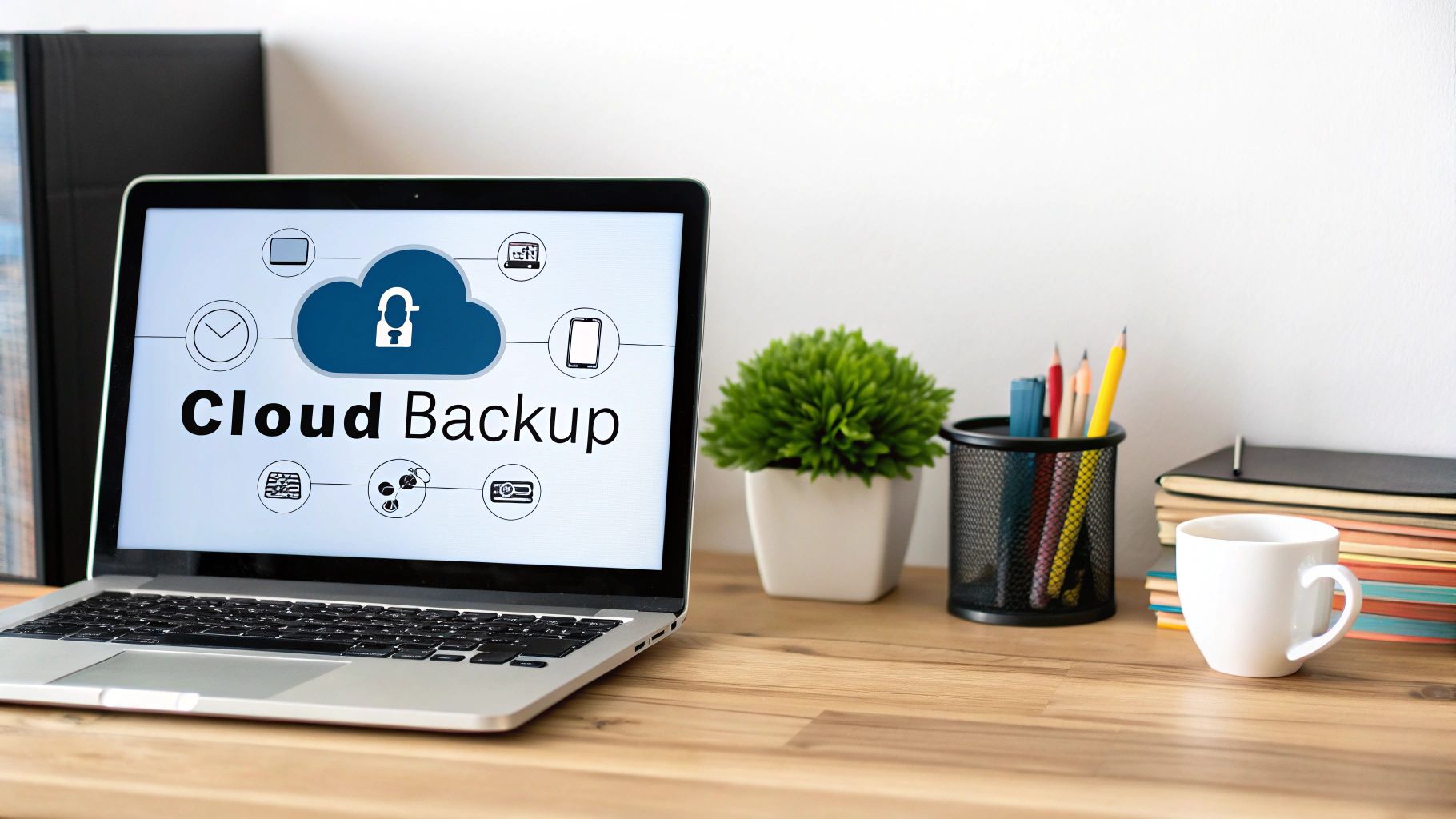 A laptop displaying "Cloud Backup" on its screen, surrounded by various device icons, alongside a plant and office supplies.