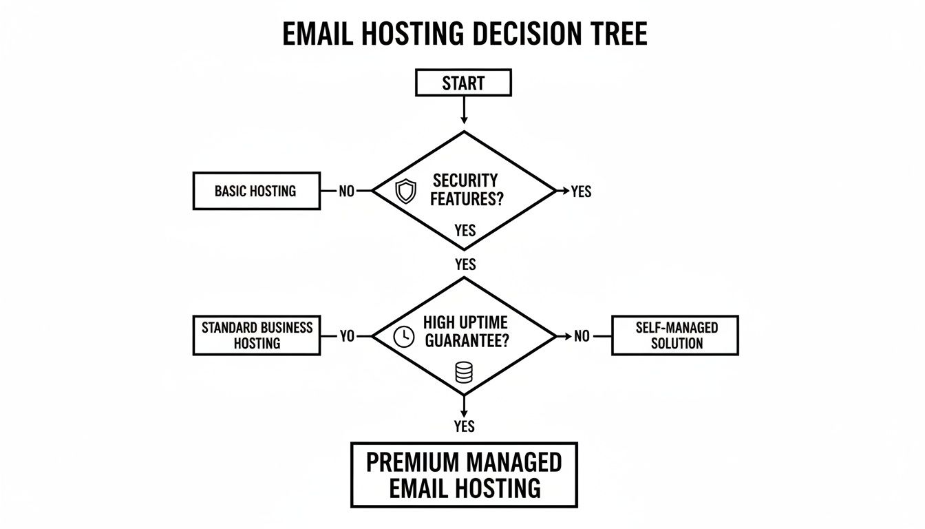 Flowchart illustrating an email hosting decision tree based on security and uptime needs.