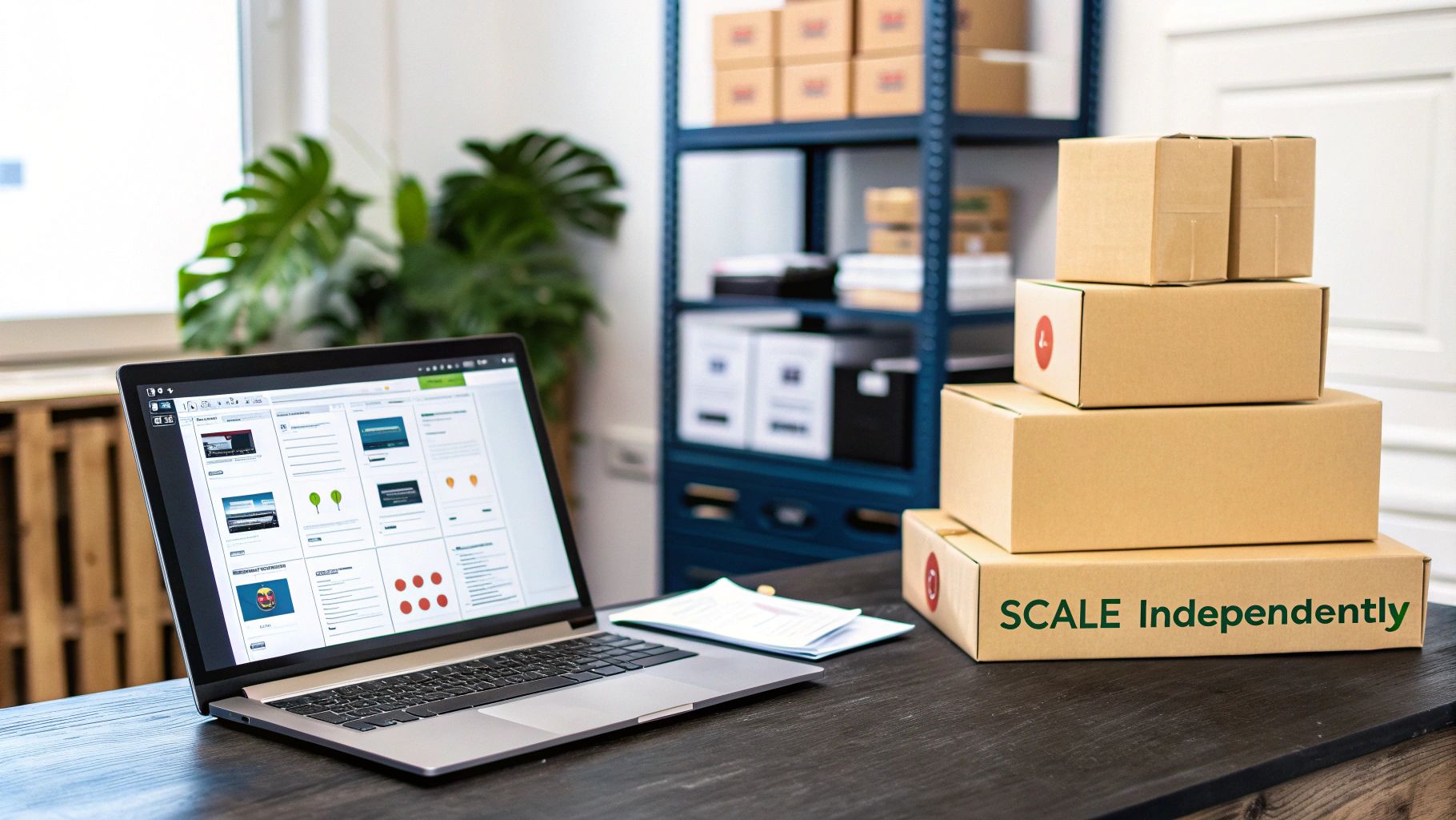 A laptop on a dark desk displaying a dashboard next to a stack of cardboard shipping boxes for e-commerce.
