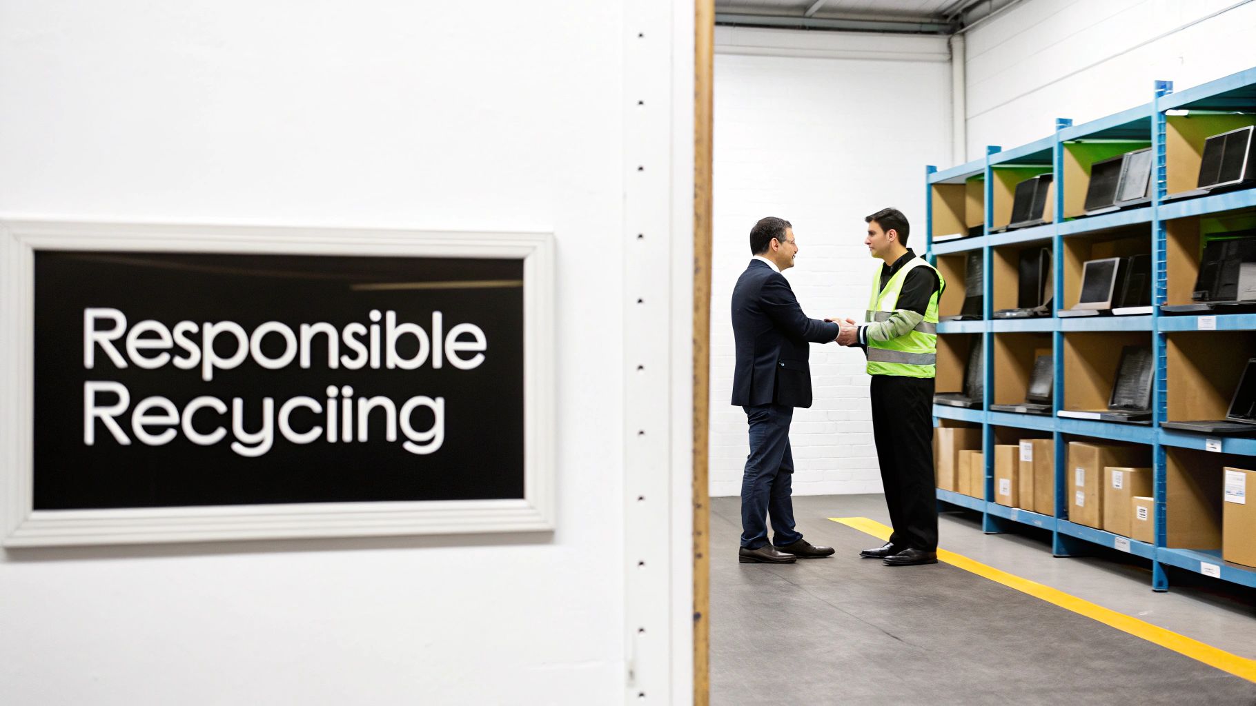Two men shake hands in a recycling facility with shelves of laptops and boxes, next to a 'Responsible Recycling' sign.