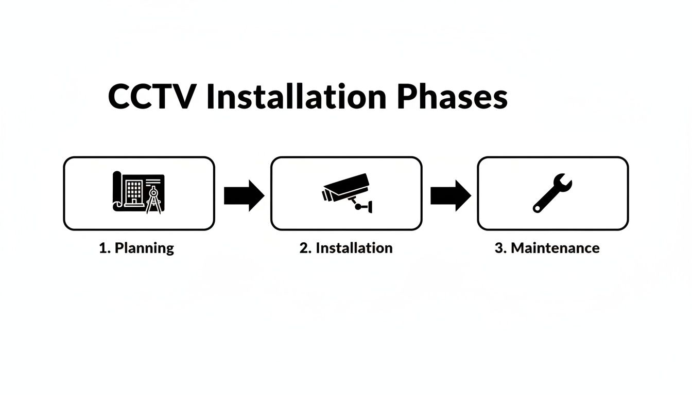 A flowchart illustrating the three phases of CCTV installation: planning, installation, and maintenance.