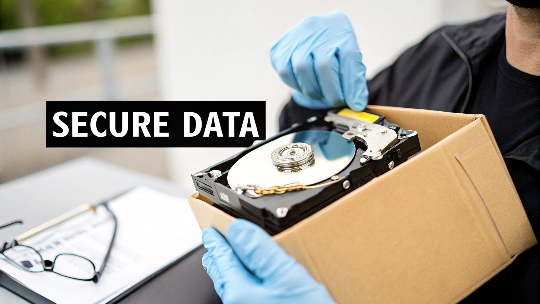 Person in blue gloves carefully handles an open hard drive in a cardboard box with 'SECURE DATA' text overlay.