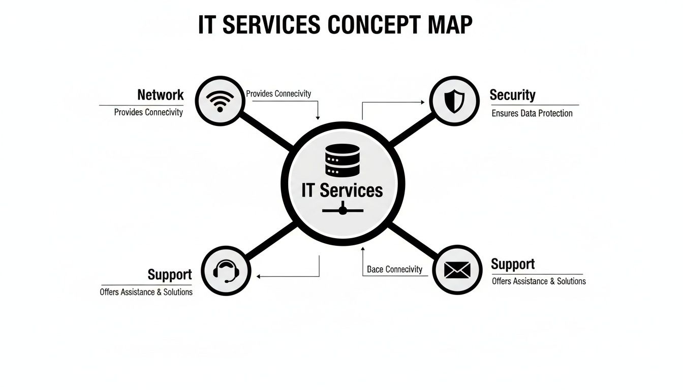 A concept map showing IT services with network, security, and two support branches.