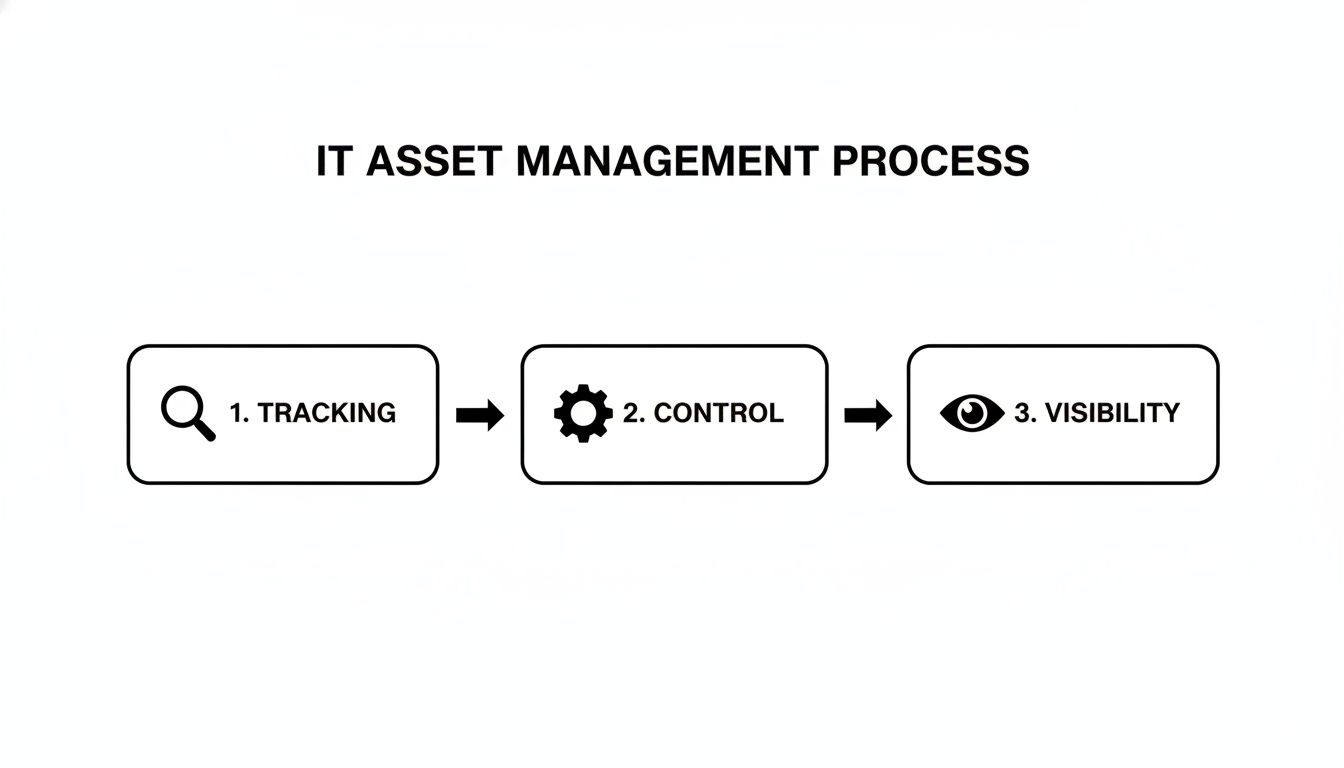 Flowchart illustrating the IT Asset Management process with three steps: Tracking, Control, and Visibility.