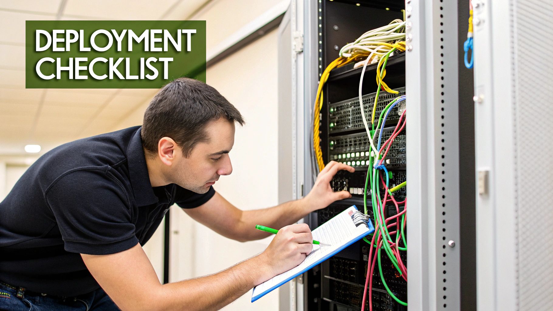 A man in a server room meticulously checking a deployment checklist while working on network racks.