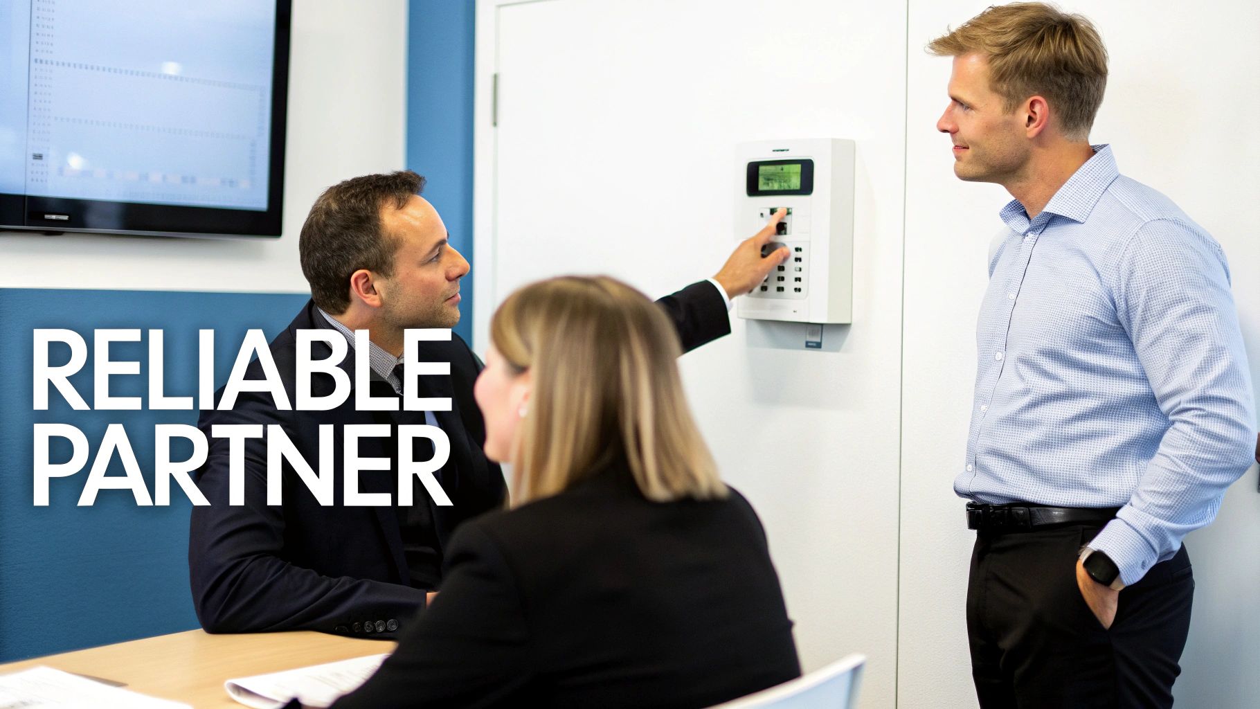 Business professionals interacting with a wall-mounted security system control panel in an office setting.