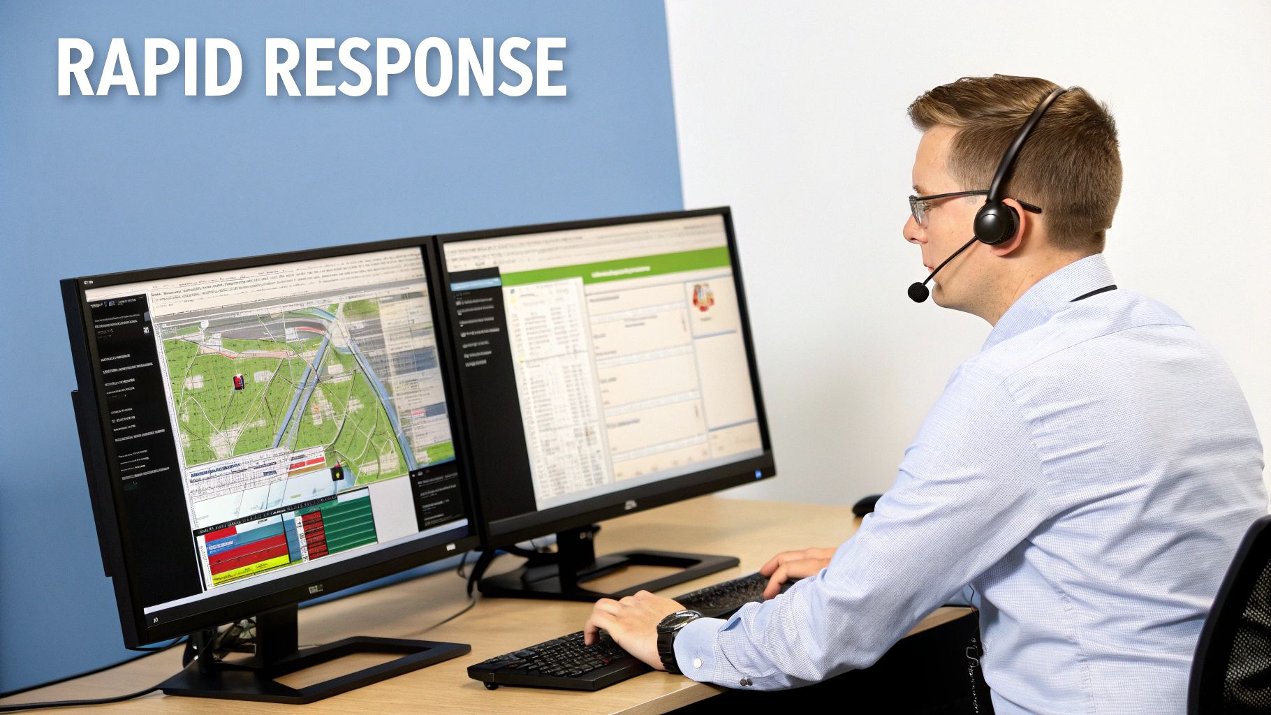 Operator with a headset looking at dual monitors showing a map and system information for rapid response.