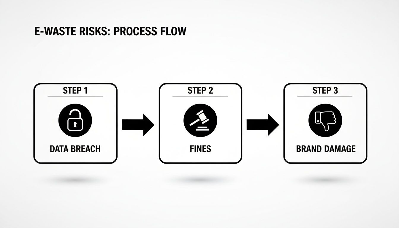 A visual process flow diagram outlining e-waste risks: data breach, fines, and brand damage.