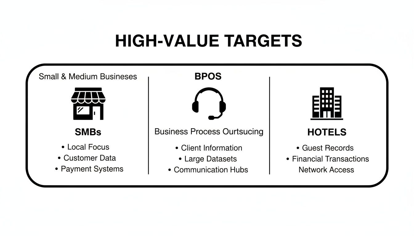 Diagram illustrating high-value cybersecurity targets: SMBs, BPOs, and Hotels, with associated data assets.