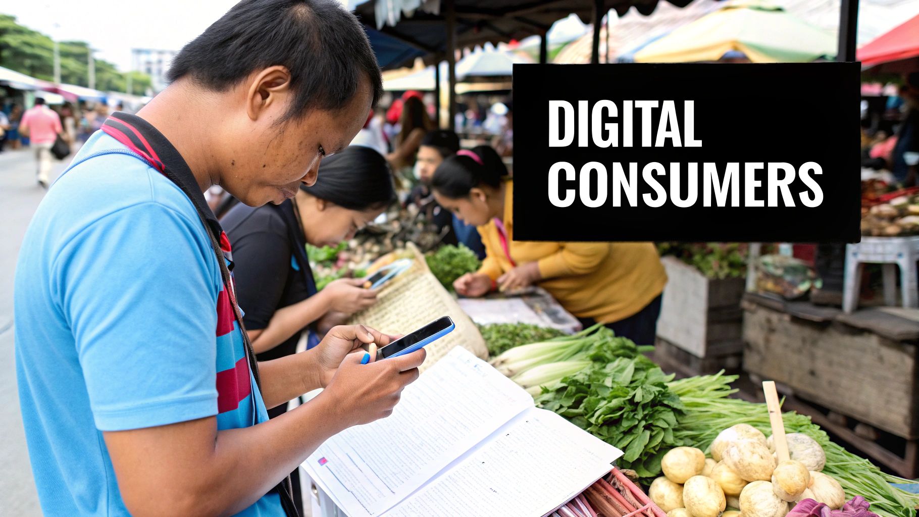 People using smartphones in a bustling outdoor market, with text overlay 'Digital Consumers'.