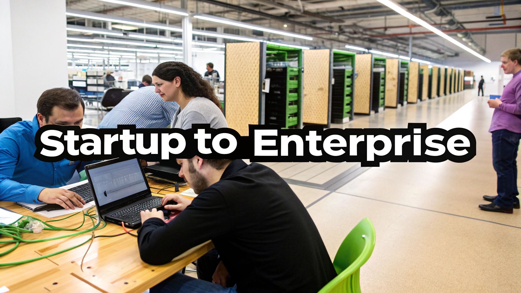 Professionals collaborate with laptops amidst server racks in a modern data center, text 'Startup to Enterprise'.