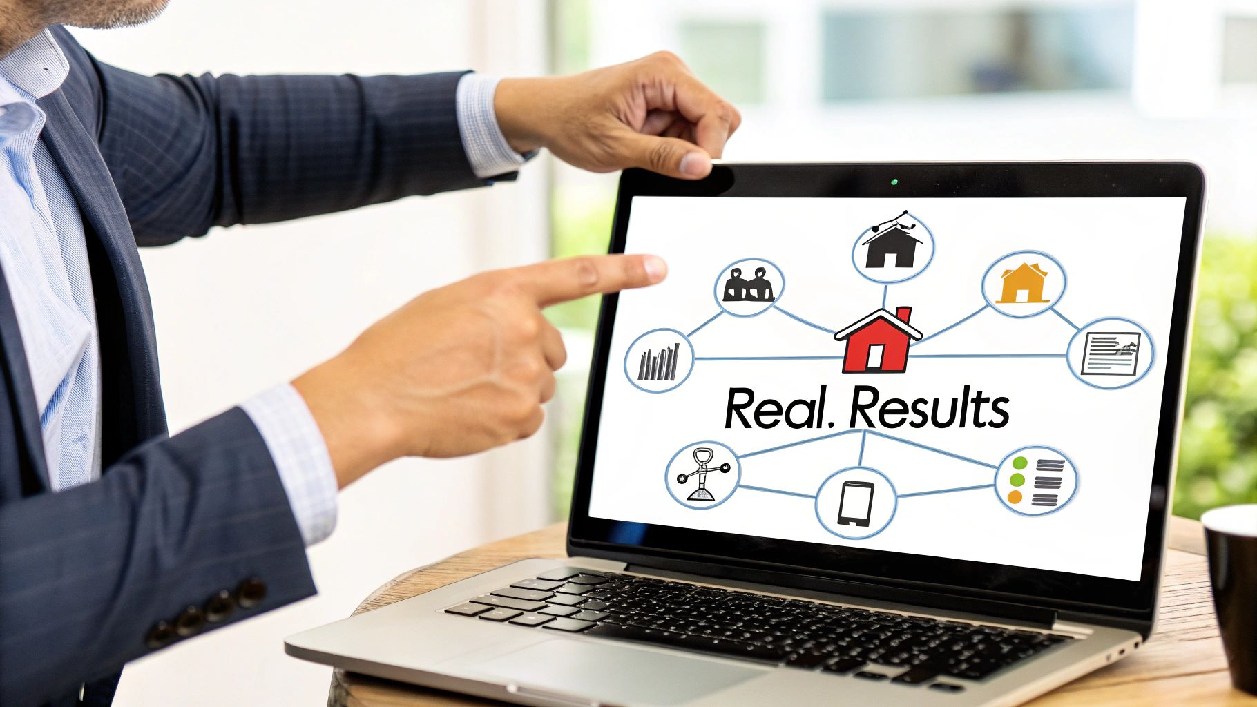 Businessman in a suit points at a laptop screen displaying a 'Real. Results' diagram with icons.