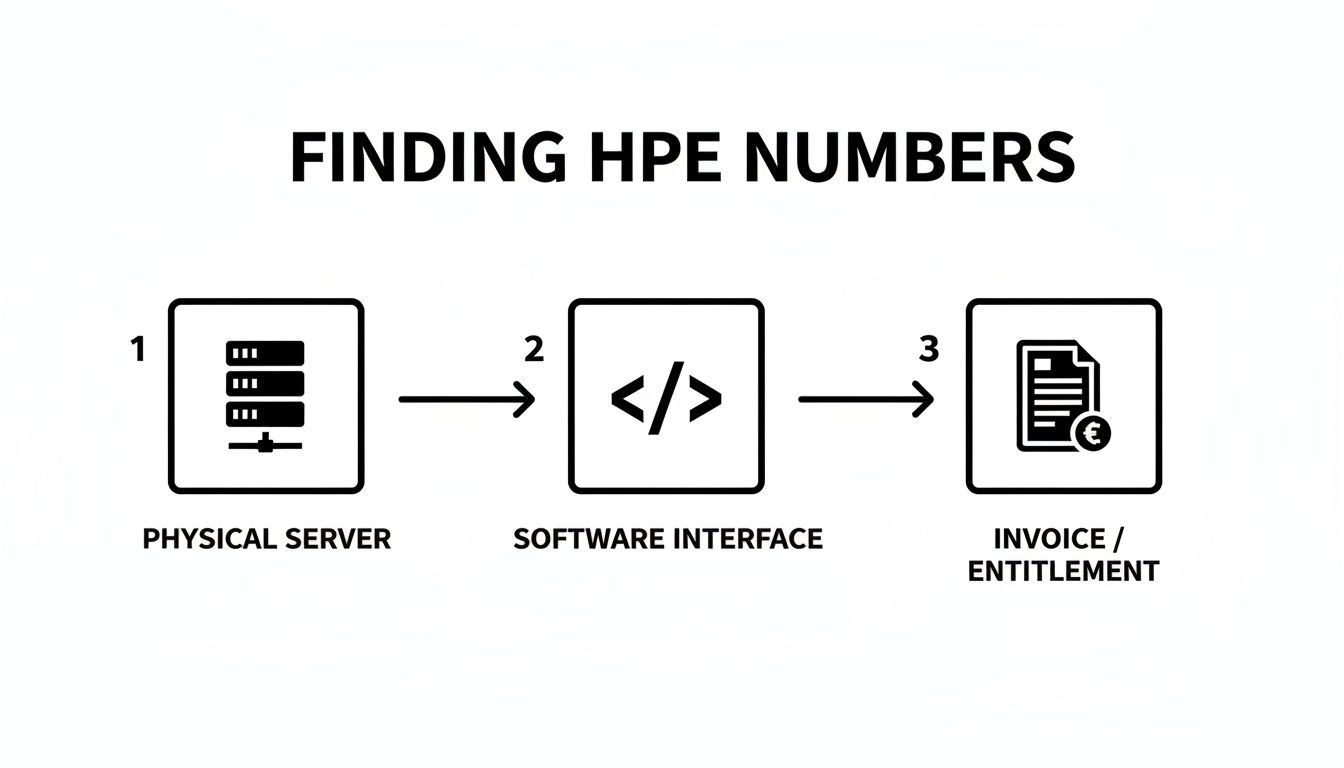 Flowchart illustrating three steps to find HPE numbers: physical server, software interface, and invoice.