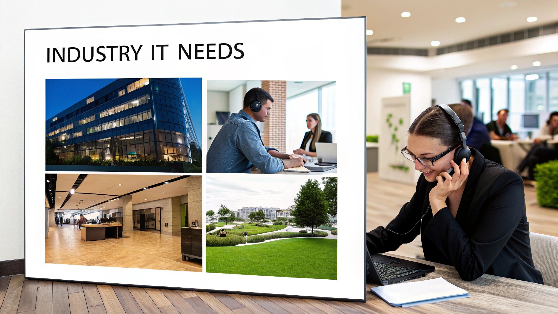 A presentation on 'Industry IT Needs' featuring a modern building, a business meeting, and an IT professional.