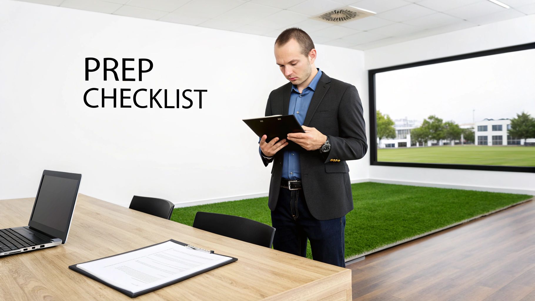 A man reviews a prep checklist on a clipboard in a modern office with a green view.