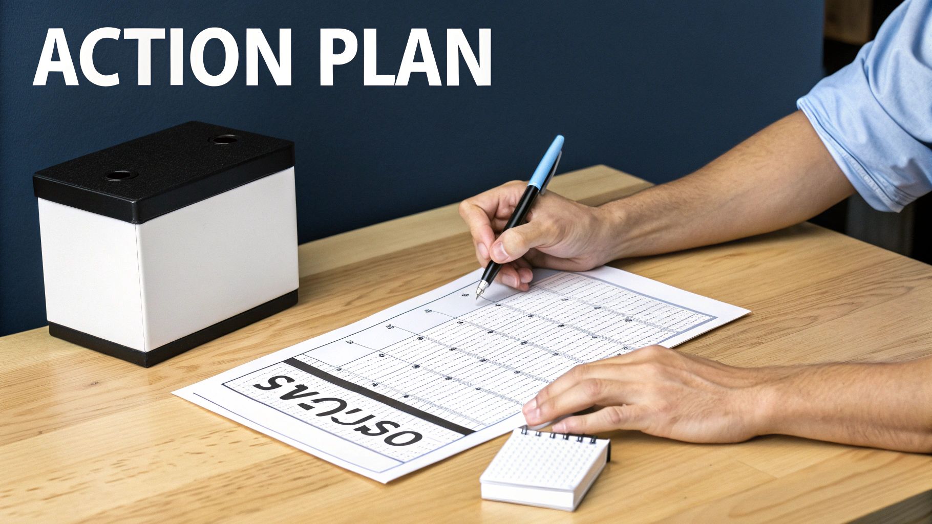 A person's hands writing on a monthly planner with a pen on a wooden desk, with 'ACTION PLAN' text.