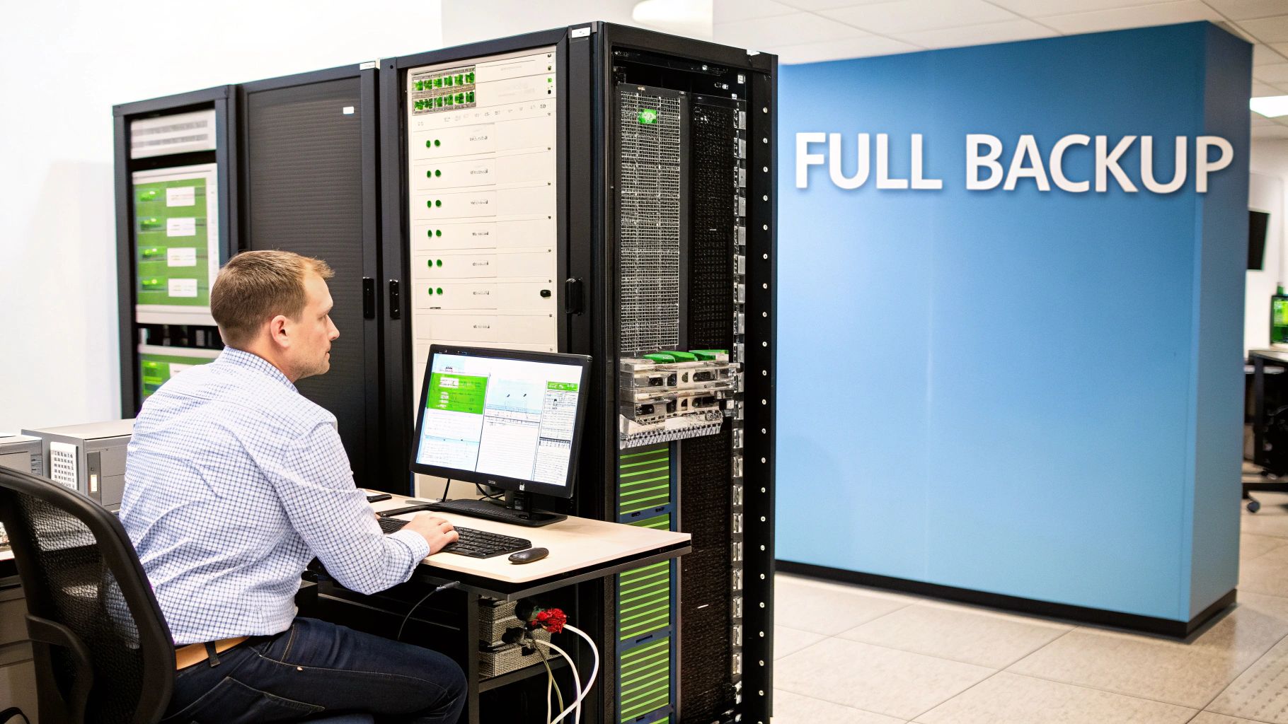 A technician works at a computer in a server room, with 'FULL BACKUP' on a blue wall.