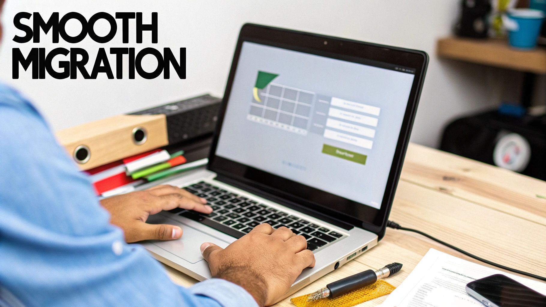 Person typing on a laptop with 'Smooth Migration' text on the wall, showing a form.
