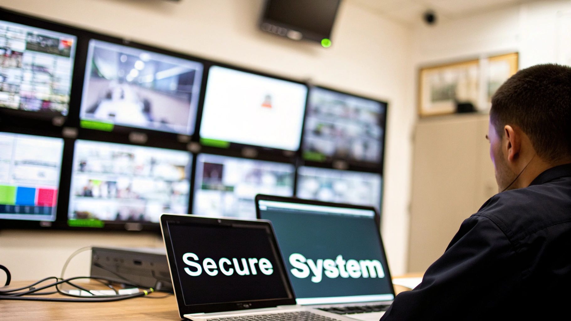 A man monitors a wall of CCTV screens and laptops displaying "Secure System."