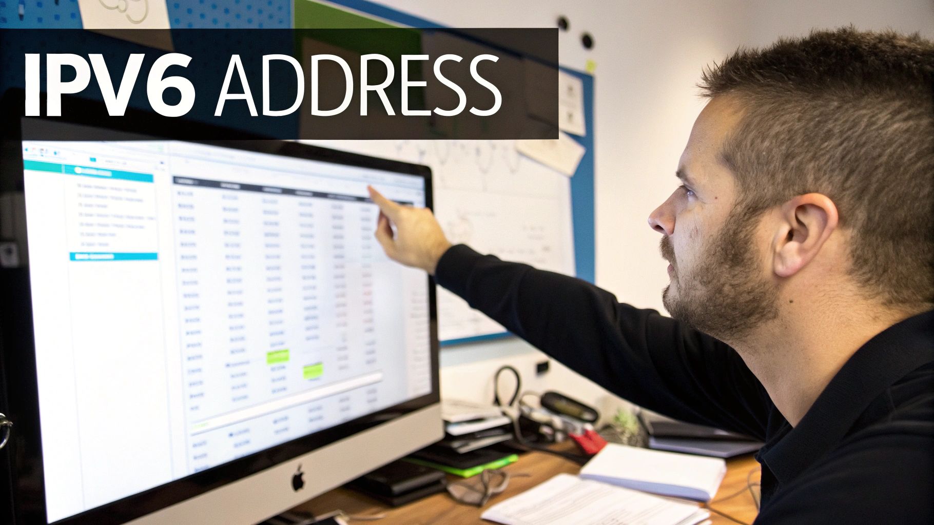 A man points at a computer screen displaying data, with "IPV6 ADDRESS" text overlay. He's working on network configurations.