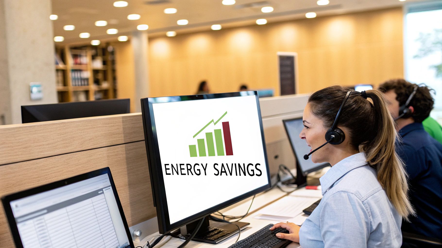 A woman in a headset works on a computer displaying 'ENERGY SAVINGS' and a bar graph in an office.