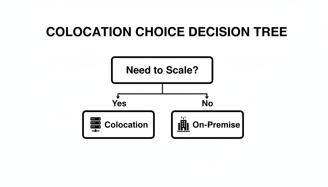 A colocation choice decision tree guiding whether to choose colocation or on-premise based on scaling needs.