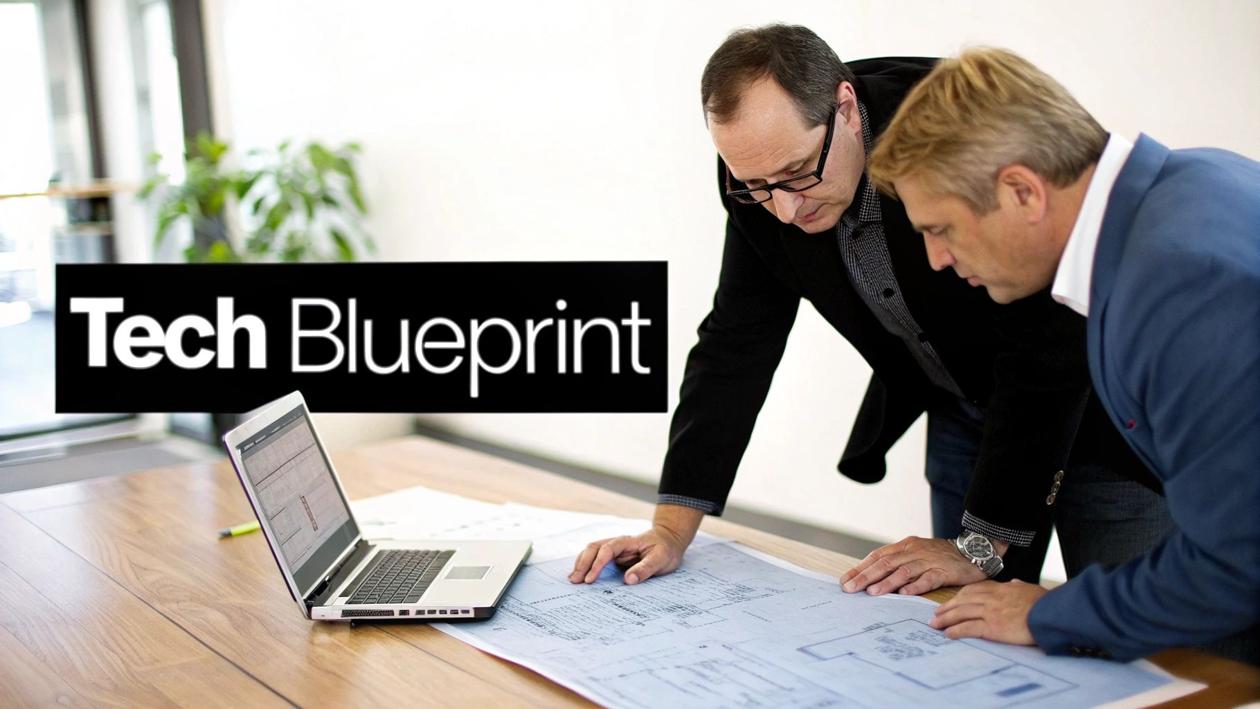 Two professionals examining an architectural blueprint on a table with a laptop, featuring 'Tech Blueprint' text.