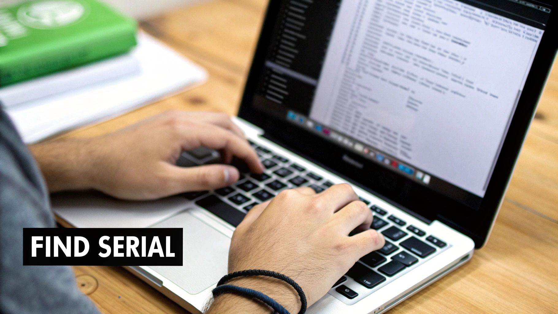Close-up of hands typing on a laptop screen displaying code, on a wooden desk.