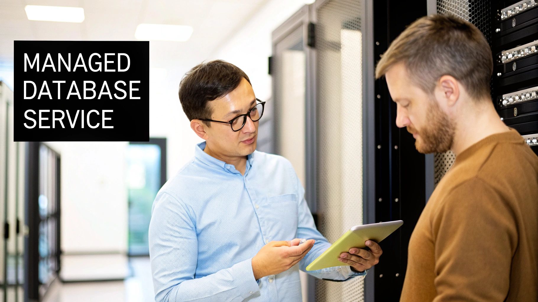 Two IT professionals discuss managed database services in a data center, pointing at a tablet.