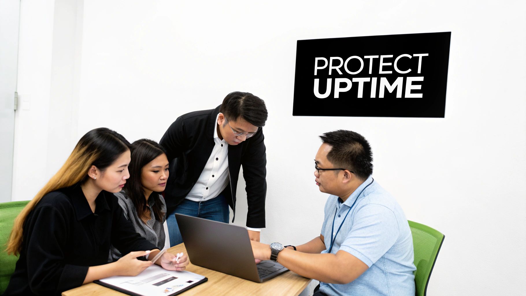 Four business professionals collaborating around a laptop, with a 'PROTECT UPTIME' sign on the wall.