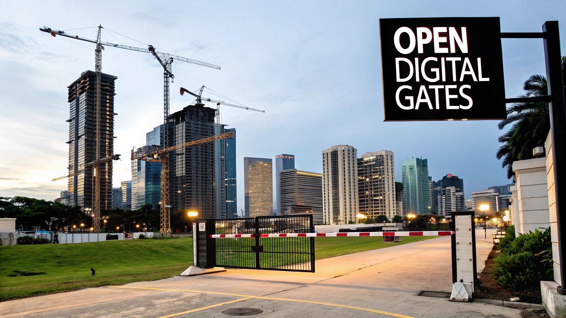 Urban construction scene with cranes and skyscrapers, leading to a road with a barrier and 'OPEN DIGITAL GATES' sign.