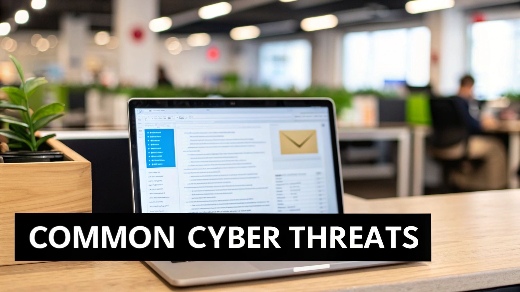 A laptop displaying an email icon on a desk with a plant, with 'COMMON CYBER THREATS' text overlaid.