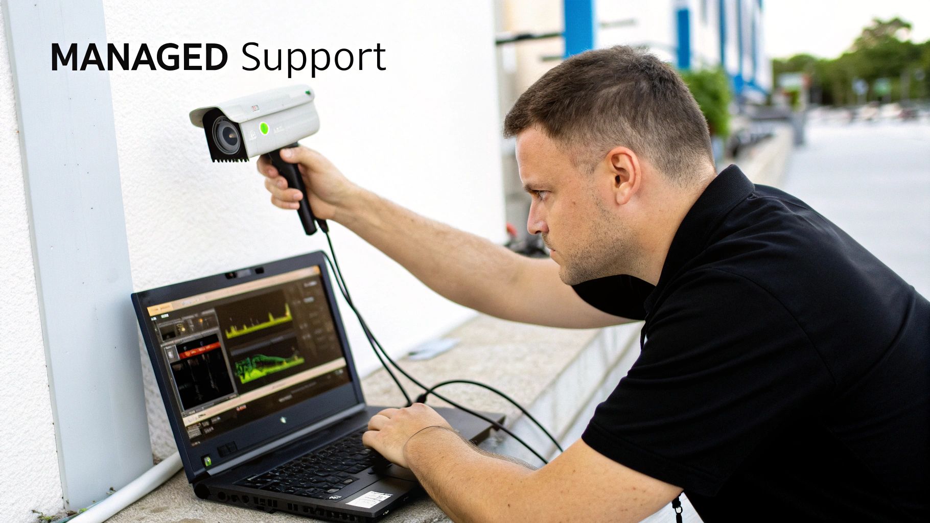 A man troubleshooting a CCTV camera connected to a laptop, providing managed support outdoors.